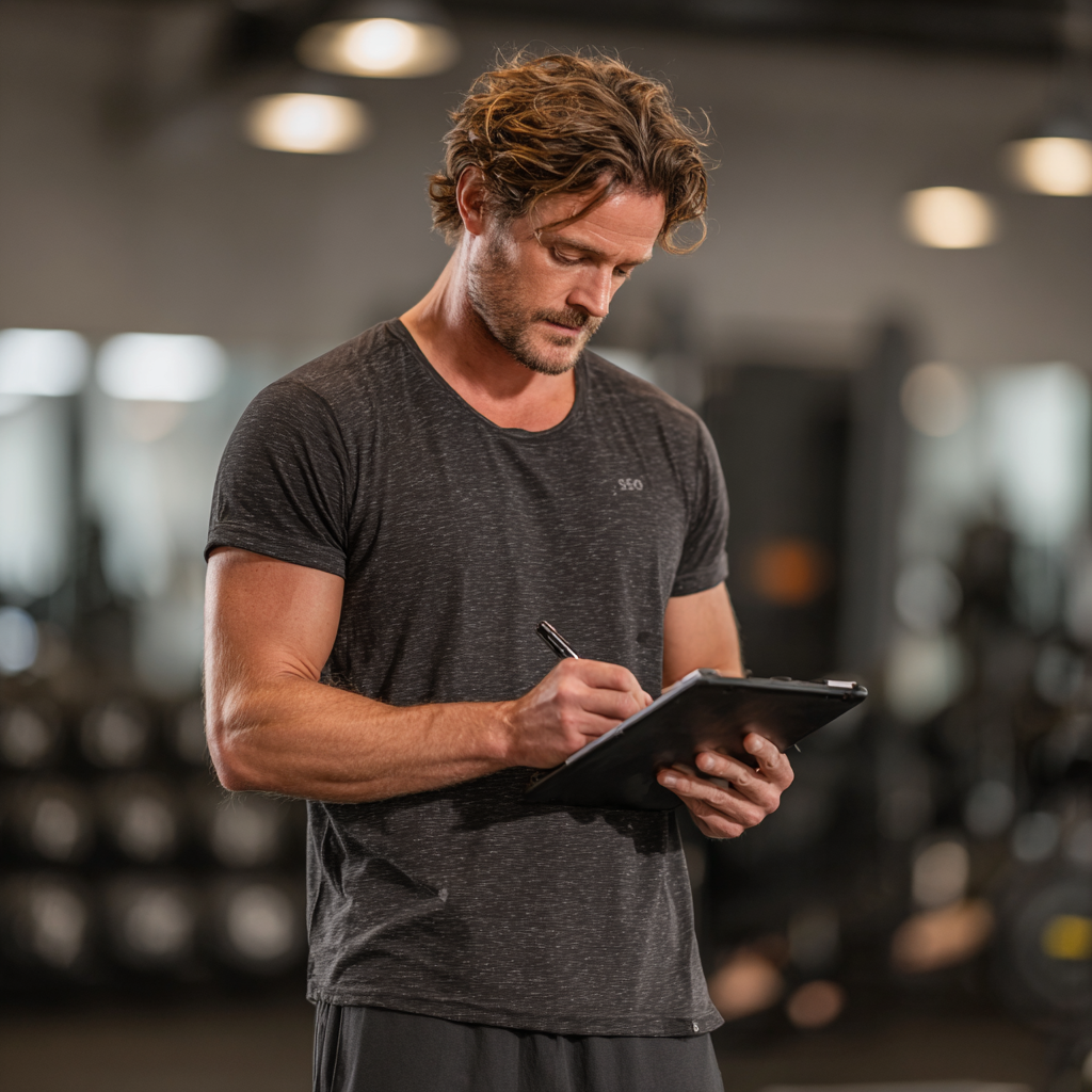 Athletic man in workout clothes planning training routine with notebook and tablet in modern fitness environment