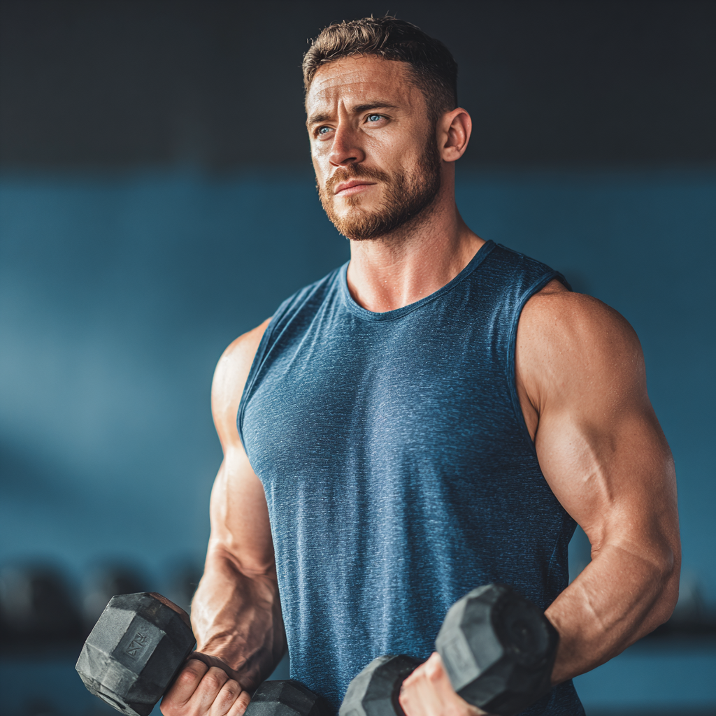 Confident muscular man in athletic wear performing strength training with determined expression in modern gym setting